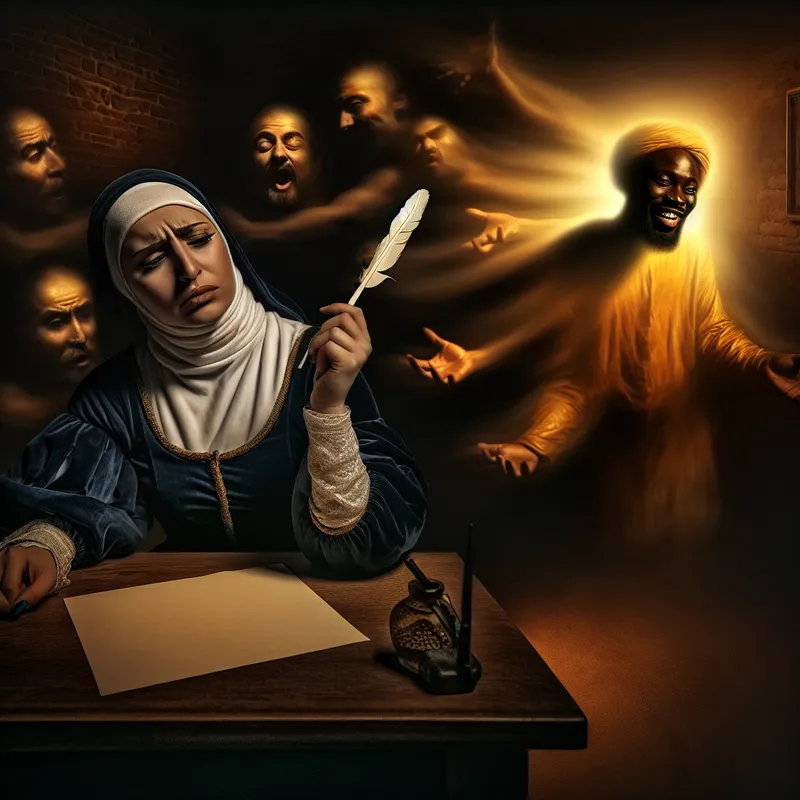 Vrouw met een kroontje in de hand, kijkt gefrustreerd naar een portret van een collega, omgeven door schaduwen die snelle oordelen symboliseren.