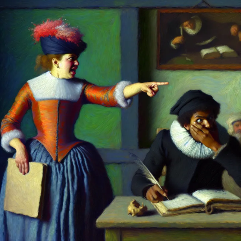 17e-eeuwse klaslokaalscène met strenge leraar die een negatieve opmerking schrijft over een slordige leerling