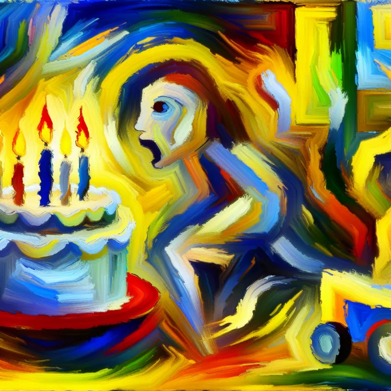 Abstract expressionistisch schilderij van een meisje dat negen jaar wordt, met dynamische penseelstreken en levendige kleuren die groei en verandering symboliseren