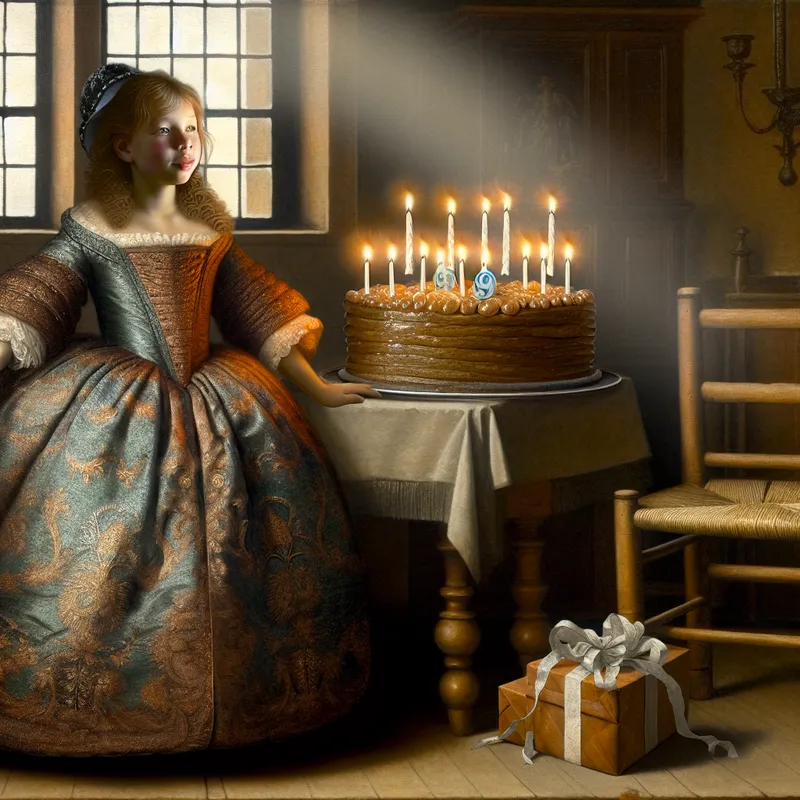 Jong meisje in 17e-eeuwse jurk blaast negen kaarsen uit op verjaardagstaart tijdens intieme viering