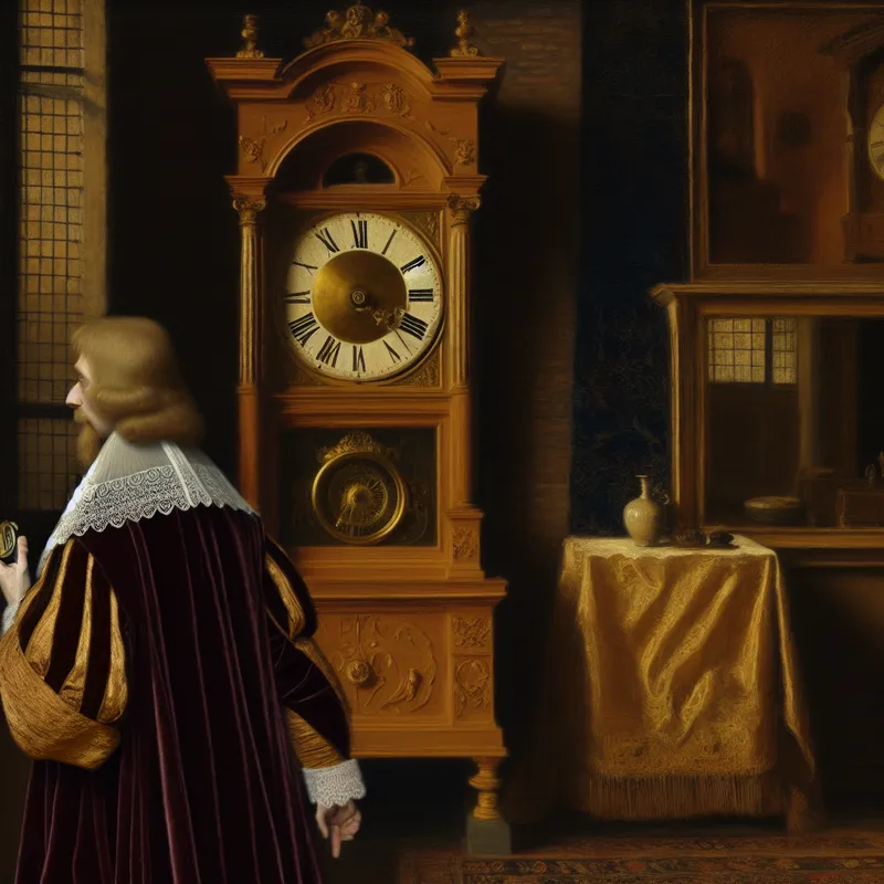 17e-eeuws Nederlands interieur met een elegante klok die negen uur aangeeft, een persoon vergelijkt een zakhorloge in gedetailleerde stijl van Gerard ter Borch