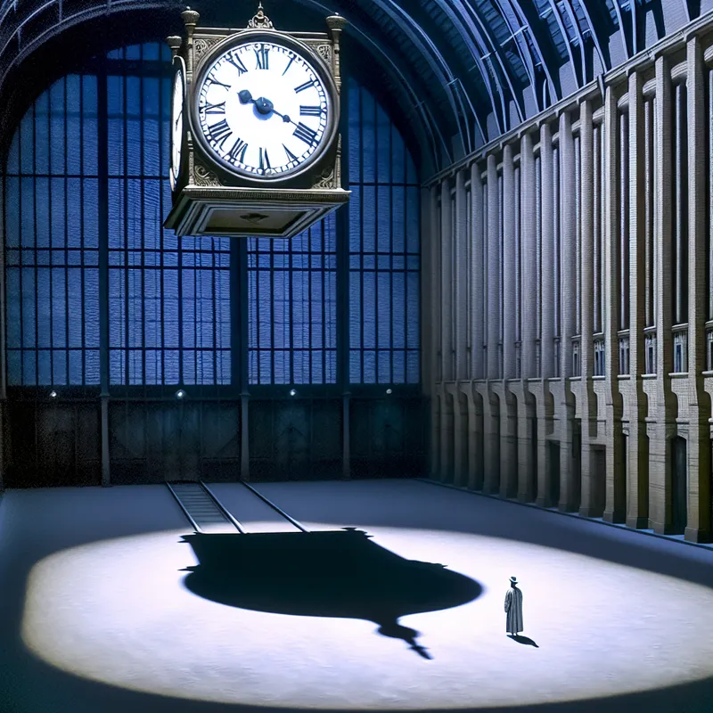 Hyperrealistisch schilderij van een verlaten treinstation om negen uur, met een kloktoren die de tijd aangeeft en een eenzame figuur die omhoog kijkt