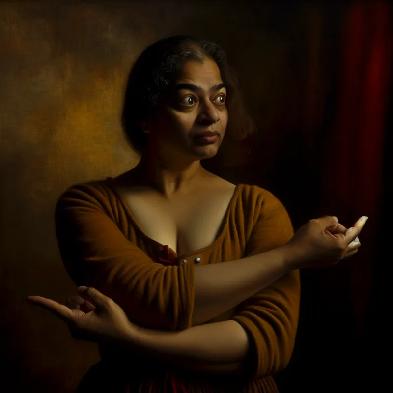 Gedetailleerde schilderijstijl voorstelling van een persoon die twijfelt tussen twee standpunten, symbolisch voor het woord 'neigen'