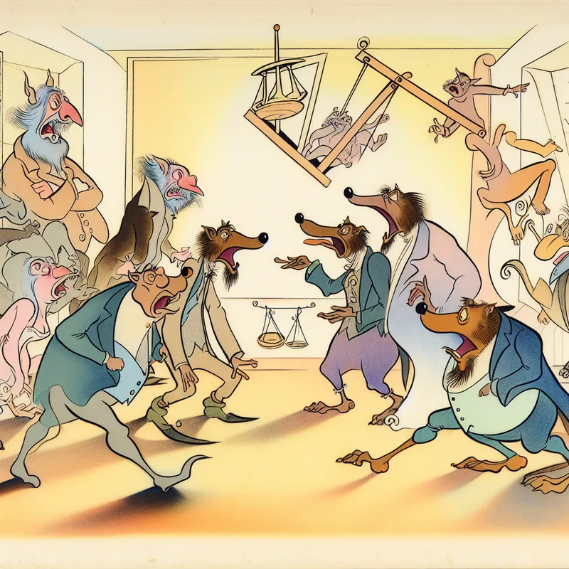 Karikatuur van een levendige discussie tussen antropomorfe dieren die neigen naar een bepaalde kant, met expressieve gezichten en gebaren die spanning en emotie uitbeelden