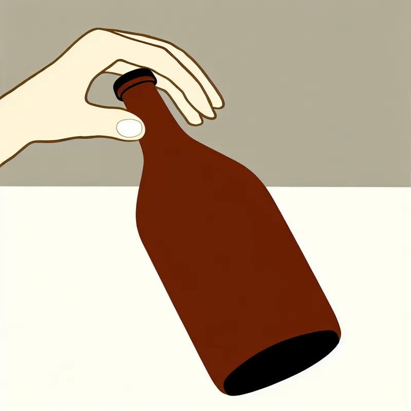 Minimalistische illustratie van een hand die de nek van een fles vasthoudt, ter verduidelijking van het woord 'nek' bij voorwerpen met een vernauwing