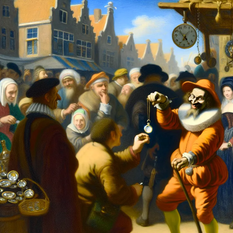 17e-eeuwse marktscène waarin een sluwe straatverkoper een nep-Rolex verkoopt aan een argeloze toerist, geïnspireerd op de stijl van Frans Hals