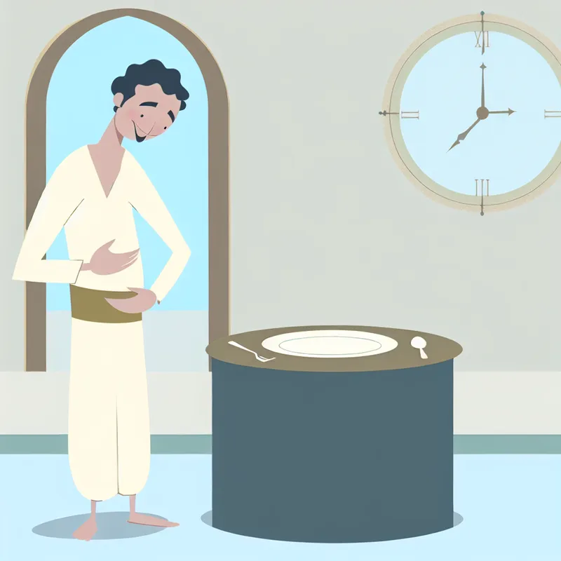 Minimalistische illustratie van een persoon die net gegeten heeft en tevreden de buik wrijft aan een tafel met een leeg bord en vork