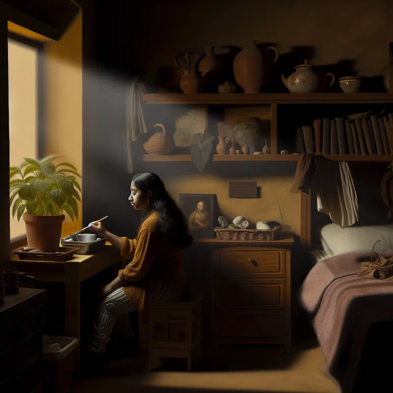 Jonge vrouw die haar kamer ordelijk schoonmaakt met warm licht dat door het raam valt.