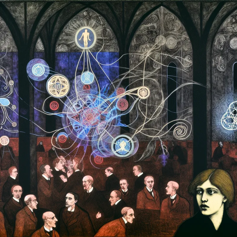 Een vrouw met een intrigerende uitdrukking in een mysterieuze, sfeervolle conferentiehal, omgeven door mensen die animated discussies voeren.