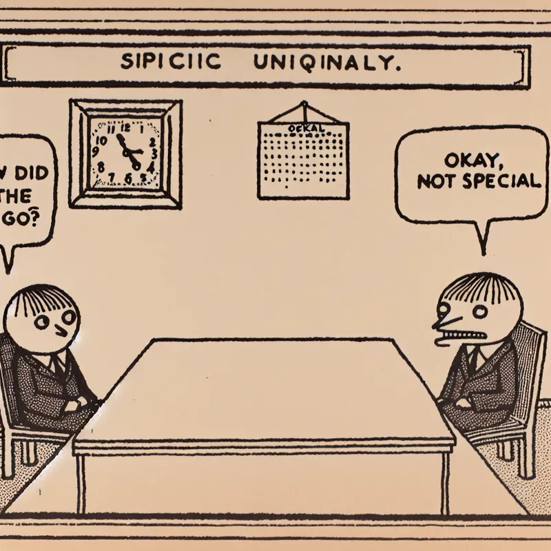 Cartoon-illustratie van twee karakters aan een tafel in een kantooromgeving met neutrale gezichten