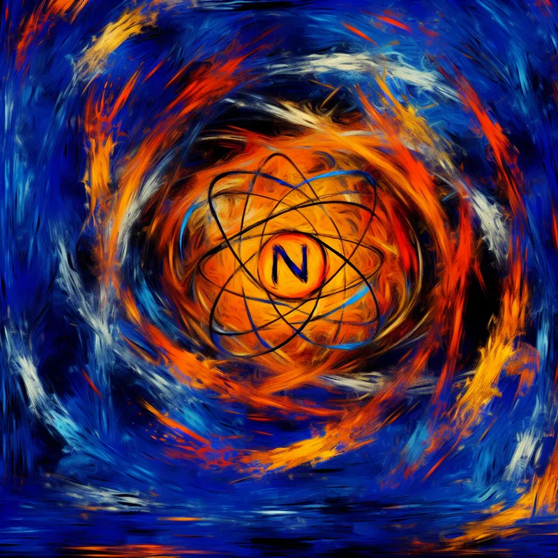 Abstract expressionistische illustratie van een atoomkern met duidelijk gemarkeerde neutronen, aangeduid met de letter 'n'