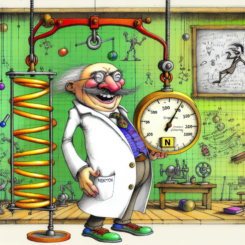 Grappige cartoonfysicus in labjas meet 500 newton met een overdreven veerunster in een speelse natuurkundeles