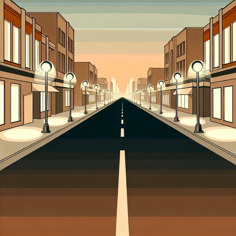 Retro-futuristische lege straat zonder mensen, illustratie van het woord 'niemand' met nostalgische sfeer en warme straatverlichting