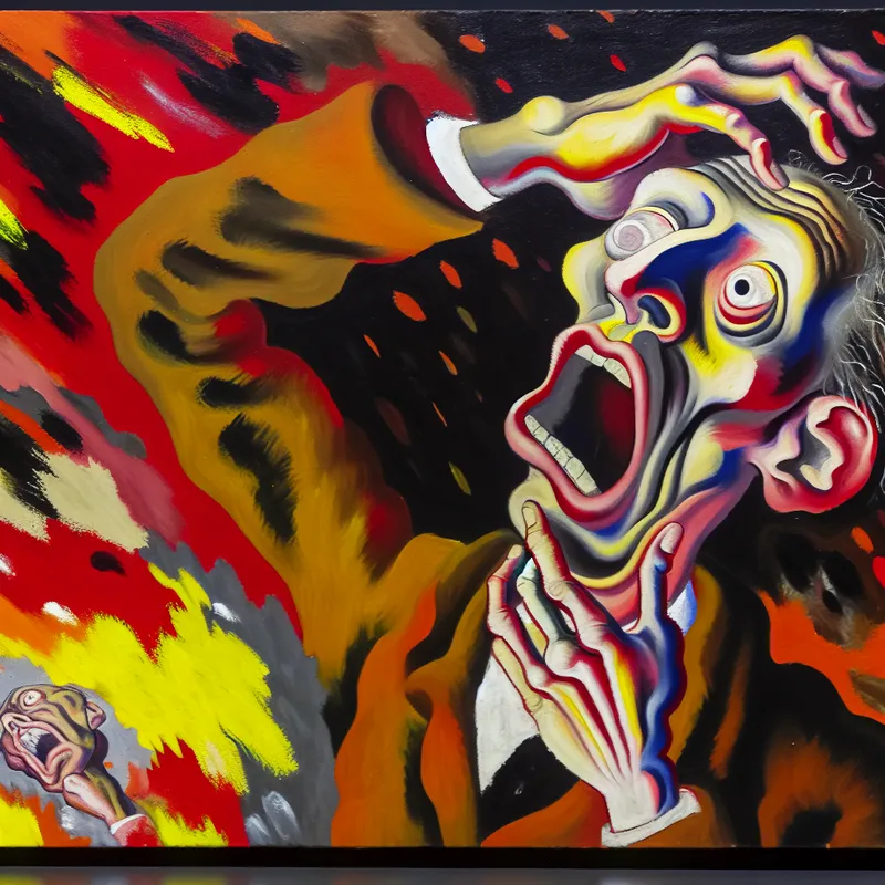 Abstract expressionistisch schilderij van een geschokte figuur met verwrongen gezicht en chaotische achtergrond in felle kleuren, uitdrukking van ongeloof en absurditeit