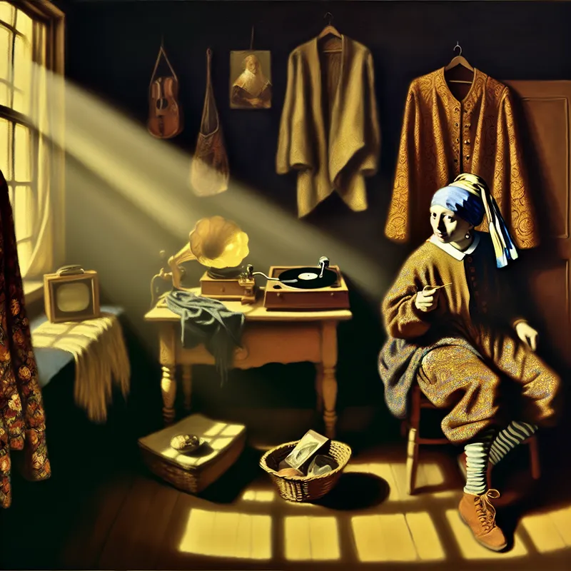 Kalm persoon in niet-traditionele kleding in een gezellige kamer met vintage platenspeler en handgemaakte decoratie, Vermeer-stijl