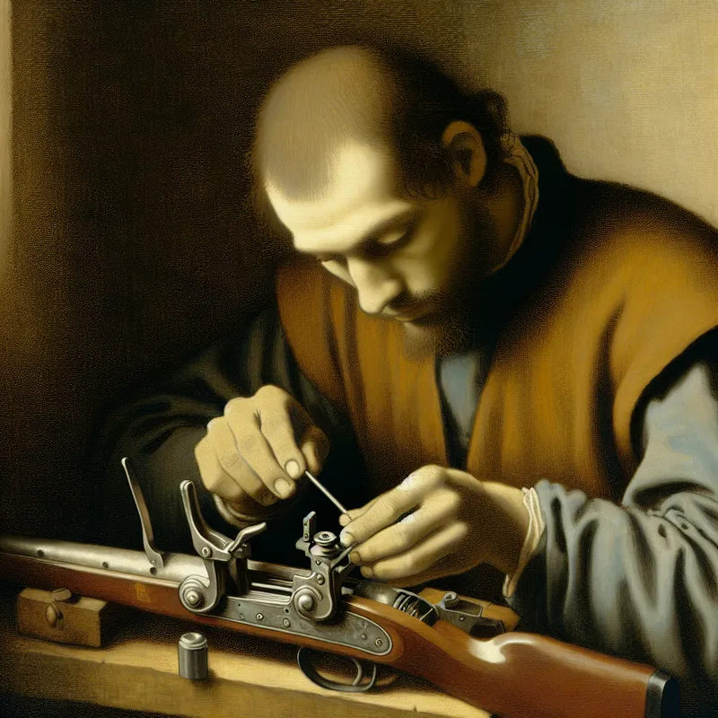 Close-up van een soldaat die zorgvuldig een metalen nietje (firing pin) in een antiek vuurwapen plaatst, Vermeer-stijl met zacht licht en gedetailleerde texturen