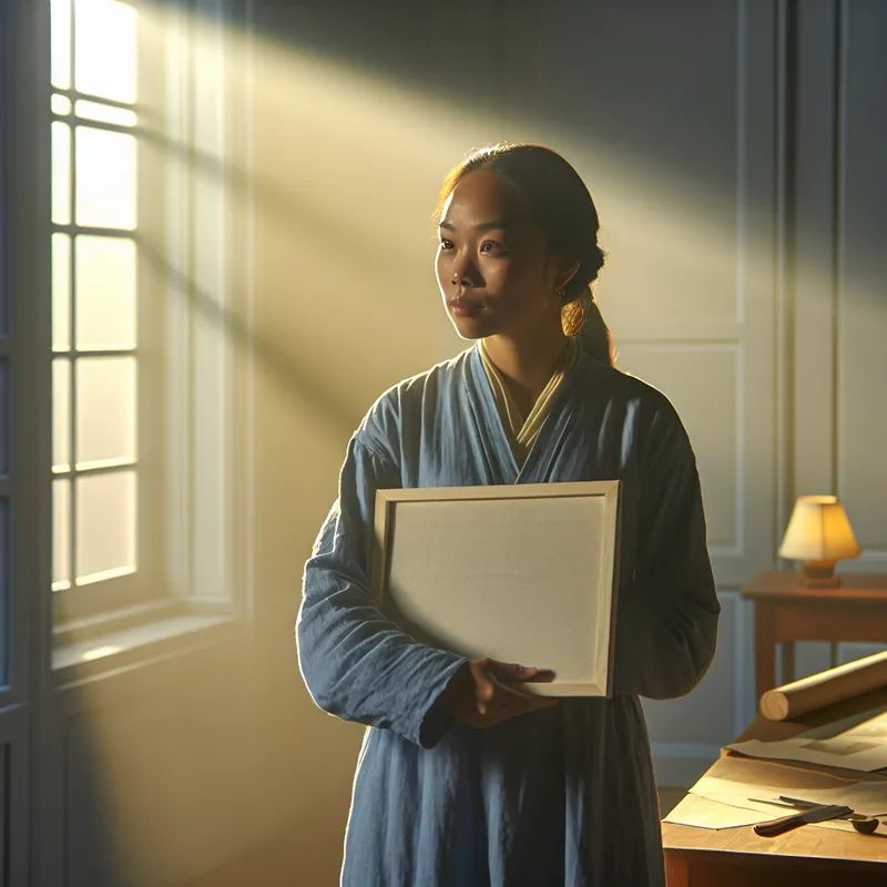 Persoon in zonovergoten kamer houdt een leeg canvas vast, symboliserend een frisse start en nieuwe beginmomenten in het Nederlands leren