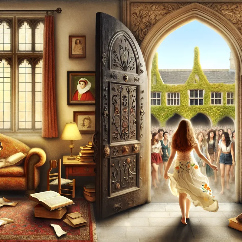 Jonge vrouw stapt door een oude houten deur een levendige universiteitsbinnenplaats op, symboliserend voor nieuwe ervaringen en persoonlijke groei