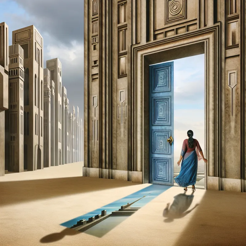 Vrouw aarzelt bij een grote deur die uitkijkt op een vreemde stad, symbolisch voor een nieuwe carrièrestap in het buitenland