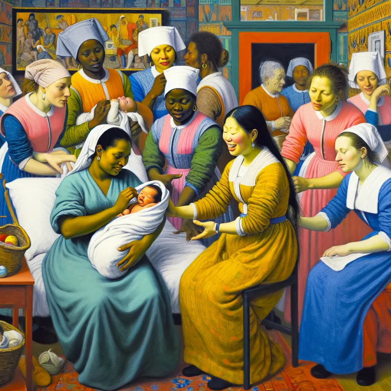 Een nieuwe moeder met haar pasgeboren baby, omringd door zorgzame verpleegsters in een levendige ziekenhuisomgeving.