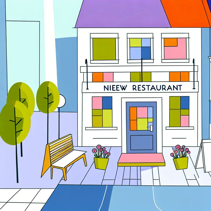 Minimalistische illustratie van een nieuw restaurant op een straatcorner, met een vrolijke facade en opvallend herkenbare elementen.