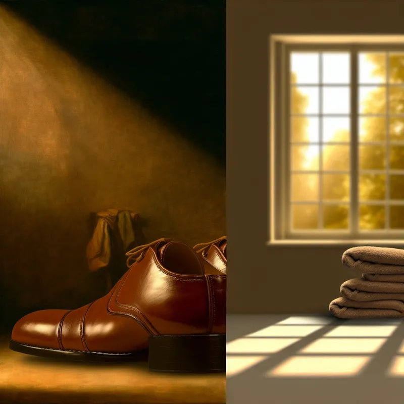 Close-up van een nieuw paar glanzende schoenen met een warme uitstraling en een zonnige achtergrond.