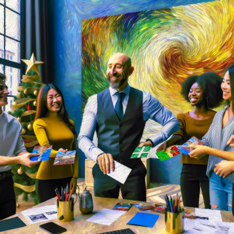 Een directeur overhandigt nieuwjaarswensen aan een diverse groep werknemers in een feestelijk kantoor.