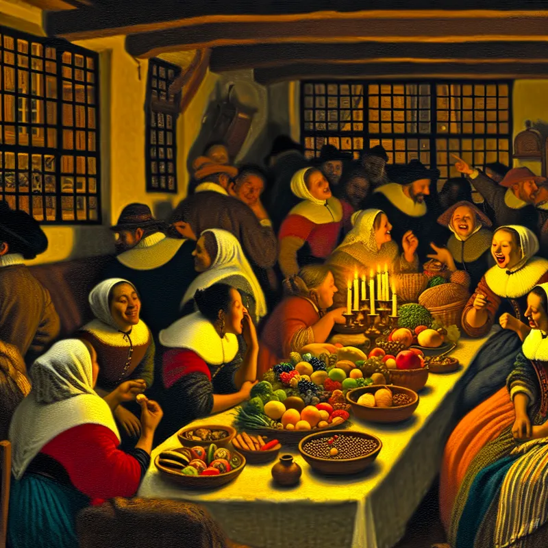 Vibrante nieuwjaarsviering in een gezellig Nederlands huis met vrienden en familie die rondom een tafel met Mediterrane gezonde gerechten zitten.