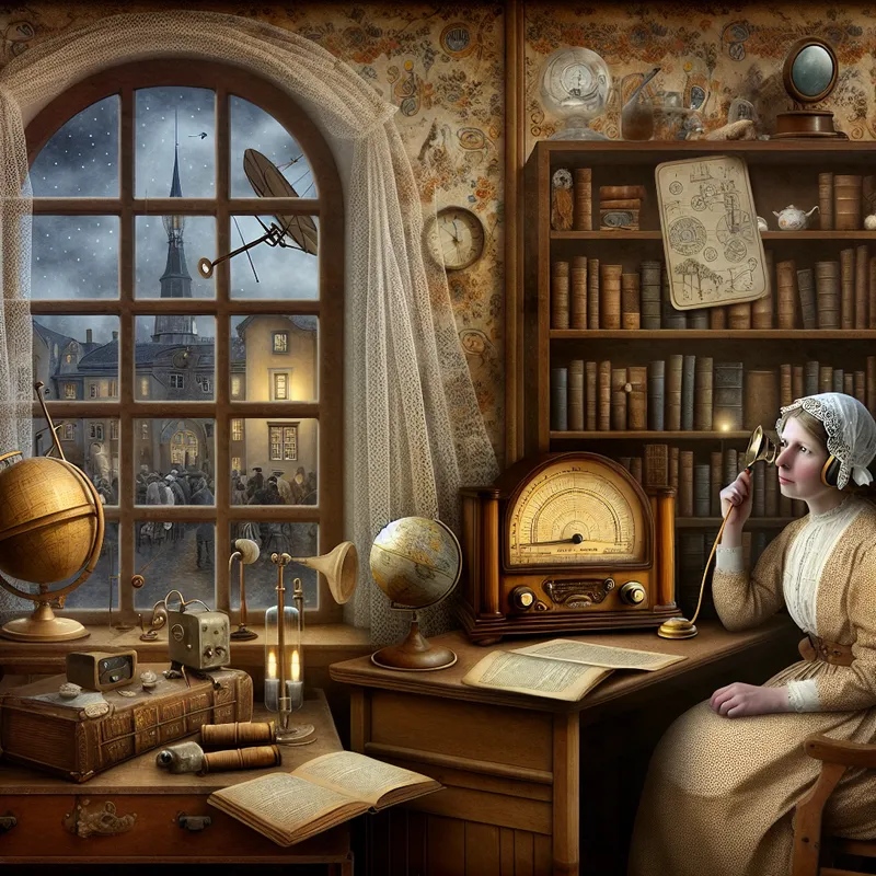 Vrouw luistert aandachtig naar vintage radio in nostalgische studeerkamer met boeken, wetenschappelijke attributen en stadsgezicht, symboliserend nieuws en ontwikkelingen volgen