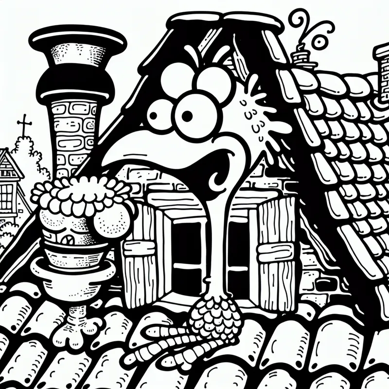 Een nieuwsgierige kleine vogel zit op een dak met een speelse uitdrukking, omringd door een levendige lucht.