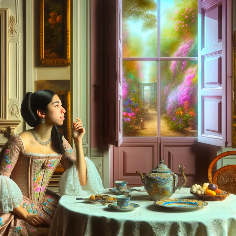 Jonge vrouw zit aan een mooi gedekte tafel, kijkt met nieuwsgierigheid naar buiten naar een tuin vol bloemen.