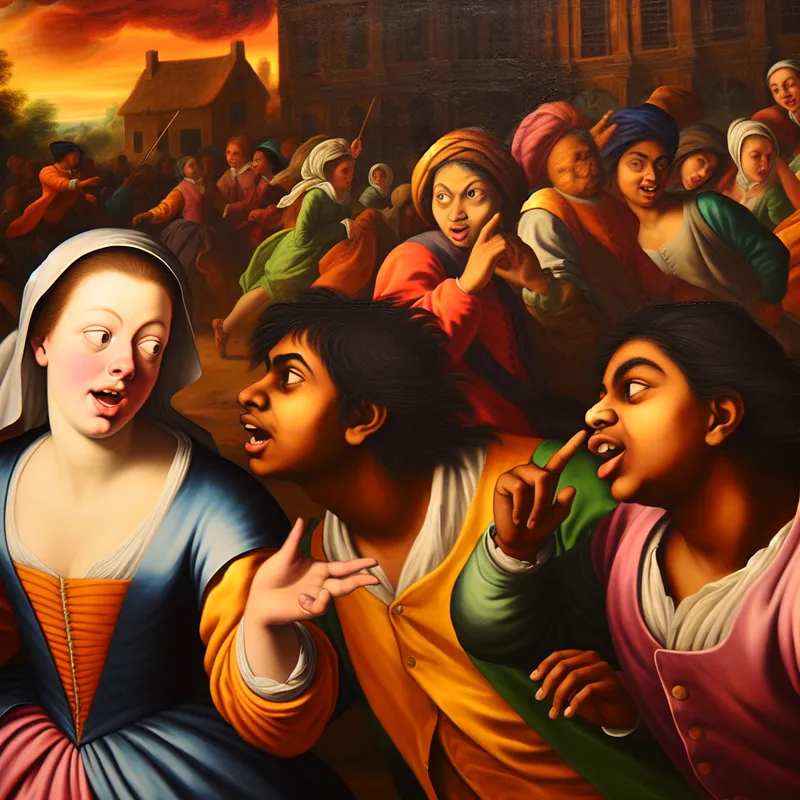 Een nieuwsgierige jonge vrouw in een levendige school binnenplaats, omringd door andere studenten