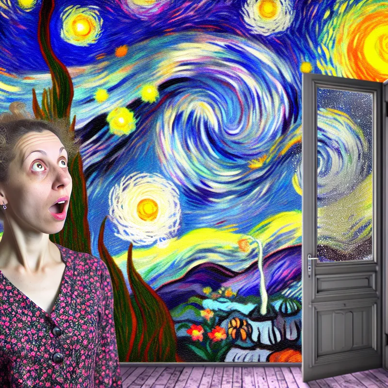 Een nieuwsgierige vrouw met grote ogen staat voor een groot, levendig schilderij van een woelig landschap vol kleurrijke bloemen en sterren.