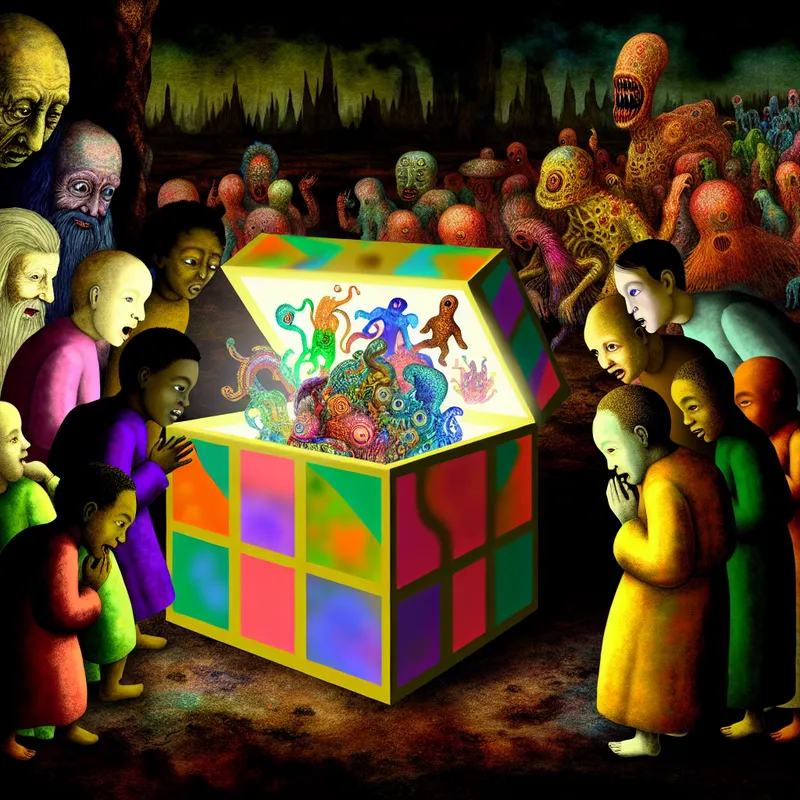 Surrealistisch beeld van nieuwsgierige kinderen die in een kleurrijke geschenkendoos van vreemde wezens kijken, achtergrondsfeer is donker en mysterieus.