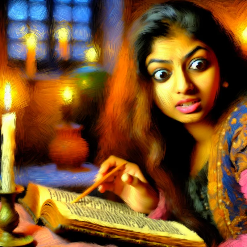 Jonge vrouw leest geboeid in een oud boek bij kaarslicht, haar nieuwsgierigheid verzadigend