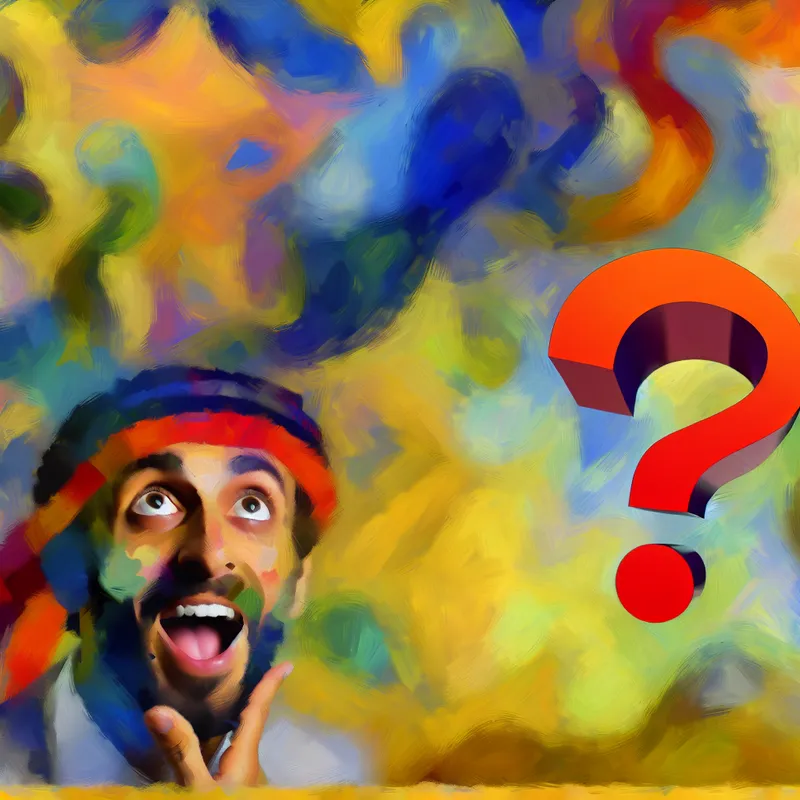 Illustratie van een hoofd met een groot, speels vraagteken erboven, gekozen in de stijl van Karel Appel, dat nieuwsgierigheid uitstraalt.