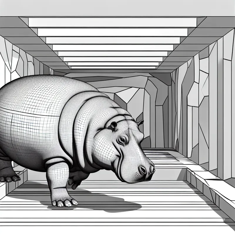 Een grote nijlpaard beweegt onhandig door een smalle gang.