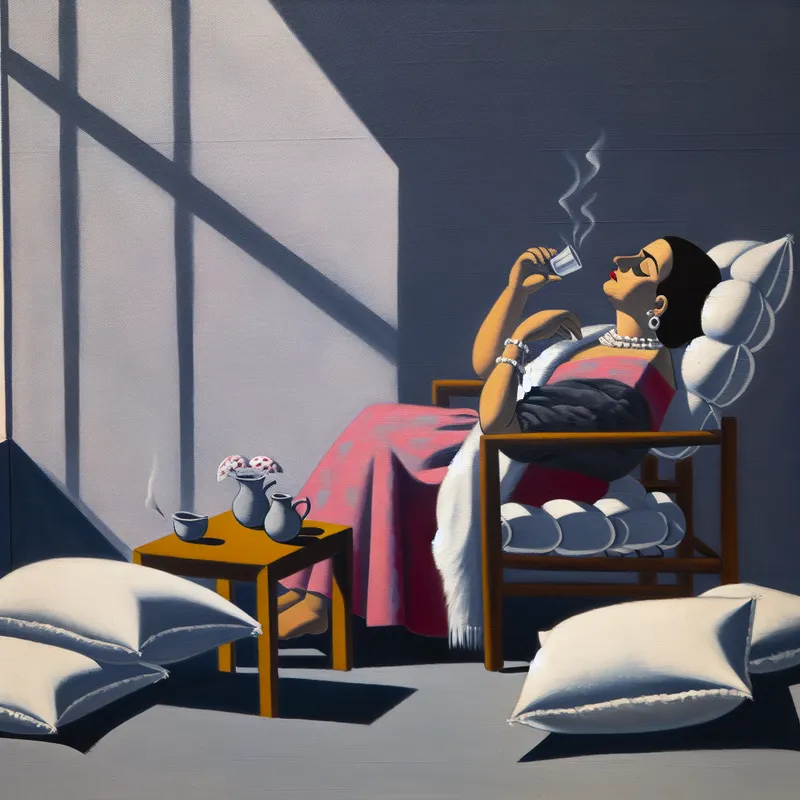 Een persoon relaxend in een comfortabele stoel, omringd door kussens en een warme deken, die geniet van de zonneschijn