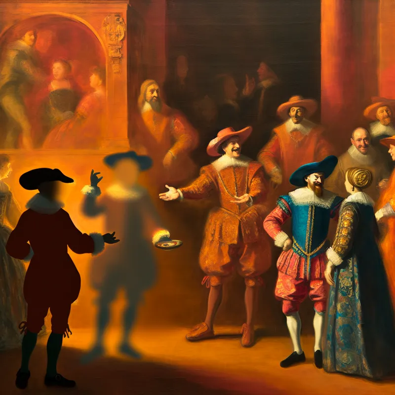 Barokke scène met groep mensen in 17e-eeuwse kleding, waarbij iemand met een gebaar naar een wazige figuur wijst en zegt 'Noem hem maar godsnaam', symboliserend anonimiteit