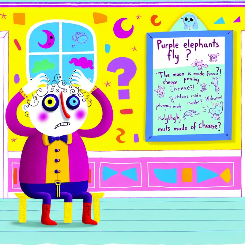 Een cartoonachtig personage met een verwarde uitdrukking in een kleurrijke kamer voor een whiteboard vol nonsens.