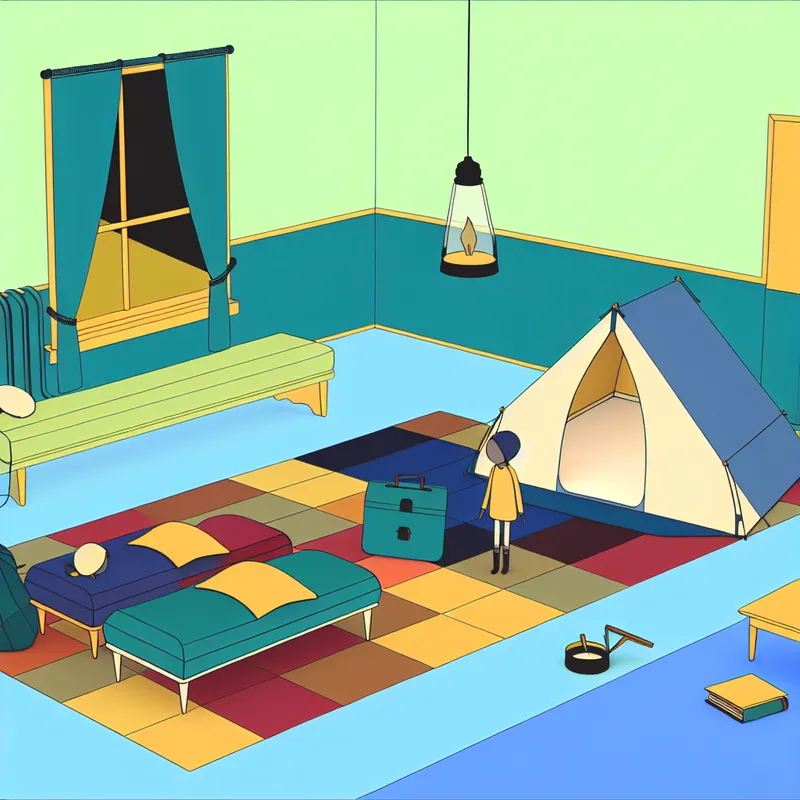 Minimalistische illustratie van een gezellige noodoplossing: een geïmproviseerde kampeerplek in de woonkamer met tent, slaapzakken en kussens