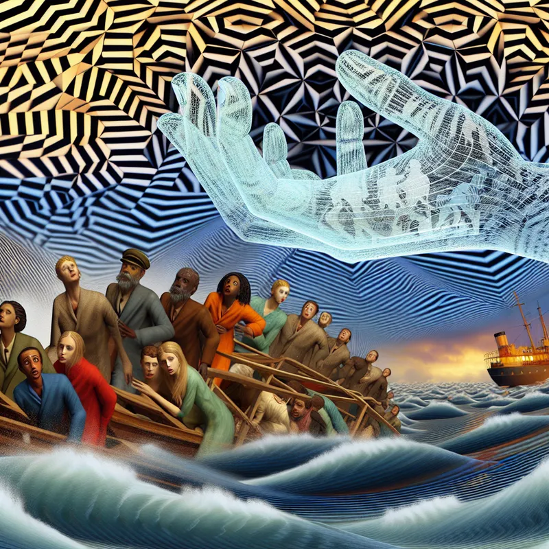 Surrealistische illustratie van een noodsituatie op zee met schipbreukelingen die hulp nodig hebben, een transparante reddende hand en een vuurtoren in de stijl van M.C. Escher
