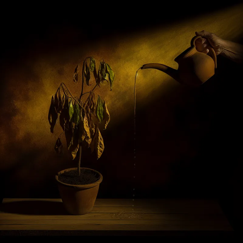 Withered huisplant in nood, gered door water uit een kan met dramatische belichting in Rembrandt-stijl