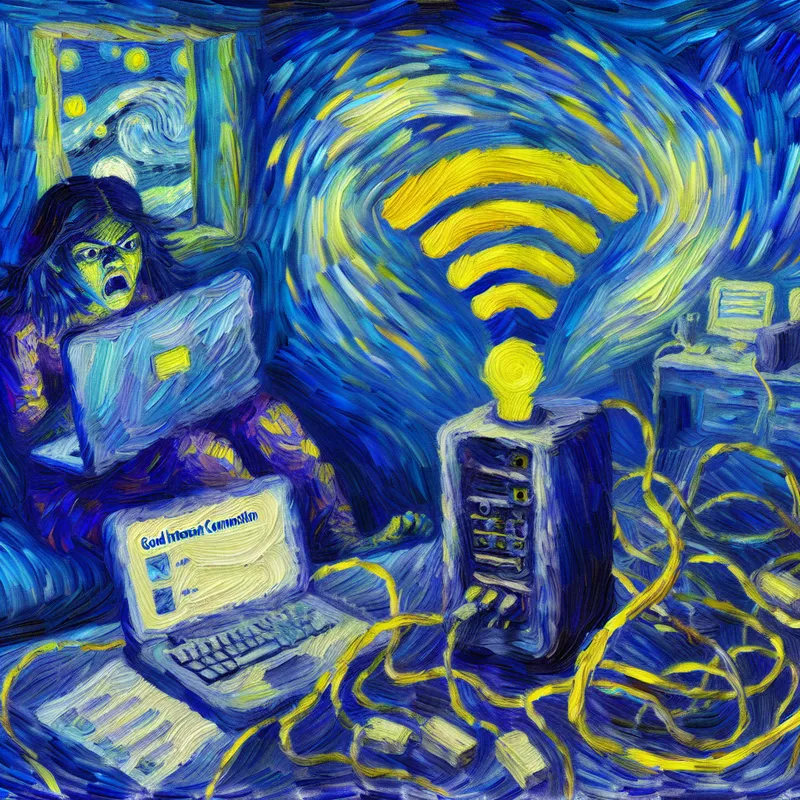 Digitale schilderij in Van Gogh-stijl van een chaotisch thuiskantoor met een persoon die gefrustreerd is door een slechte internetverbinding, met een checklist waarop 'goede internetverbinding' als noodzakelijkheid is aangekruist
