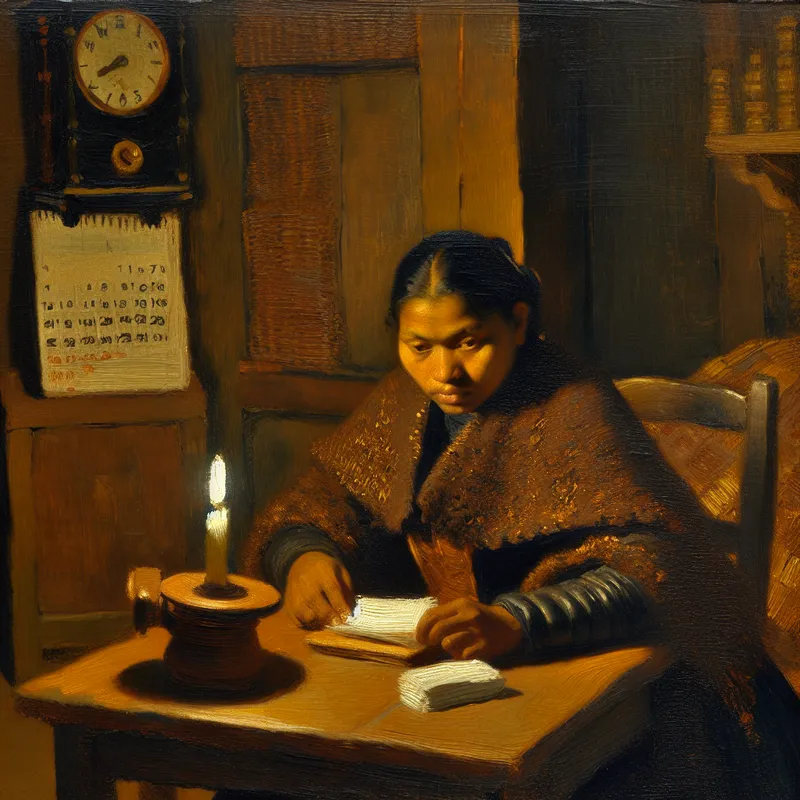 Gedetailleerde schilderij in Rembrandt-stijl van een persoon in gedachten verzonken bij kaarslicht, symboliserend het concept 'nooit' met een ongeopende brief of stilstaande klok