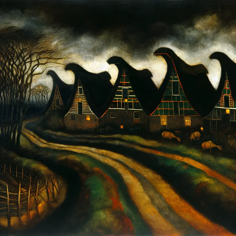 Een typisch Noord-Holland landschap met traditionele stolpboerderijen langs een kronkelige weg te midden van een mysterieuze, donkere sfeer.