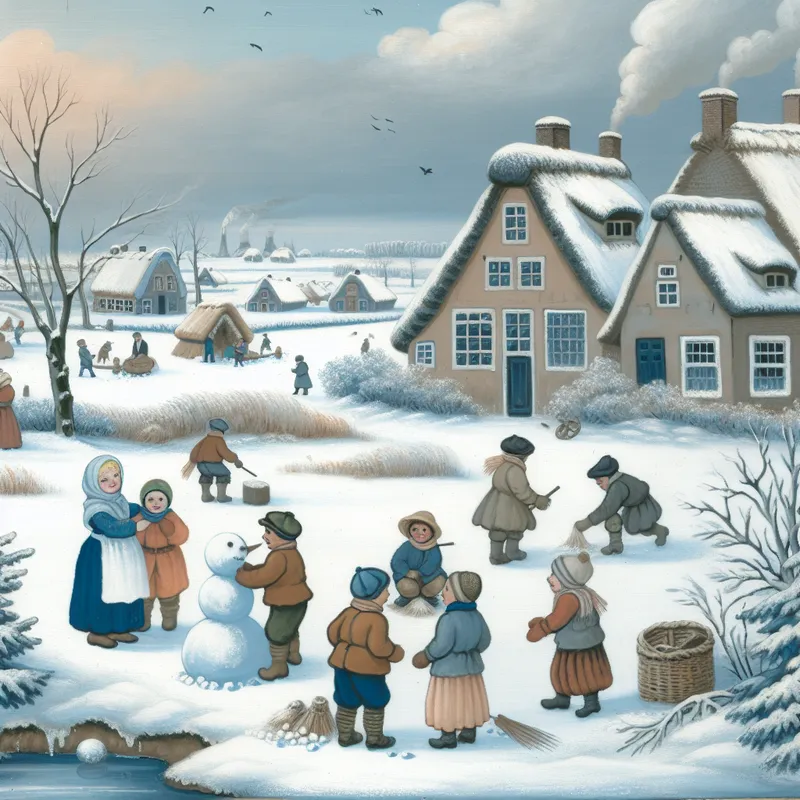 Sfeervolle winterscène van het noorden van Nederland met sneeuw bedekte huizen en kinderen die een sneeuwpop maken.