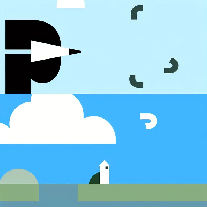 Minimalistische illustratie van de letter 'N' voor noord, met blauwe lucht, witte wolk, rivier en stadje in Dick Bruna-stijl