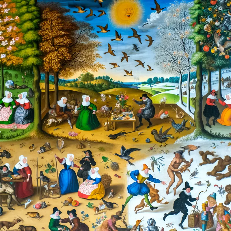 Levendige afbeelding van het Noordelijk Halfrond met seizoensgebonden activiteiten en diverse mensen en dieren.