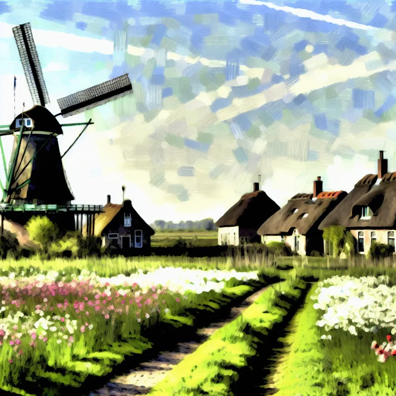 Een schilderachtig landschap met een windmolen in een dorp, omgeven door groene velden en wilde bloemen.